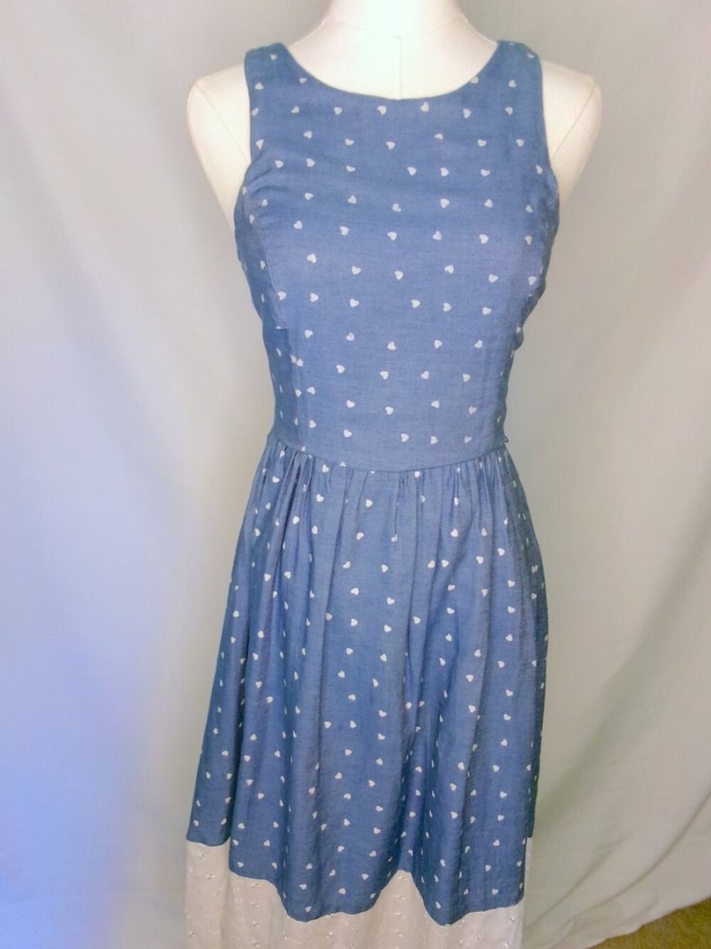 RnB Blue Chambray Heart Print Cotton Fit Flare Dress Medium Keyhole Back
